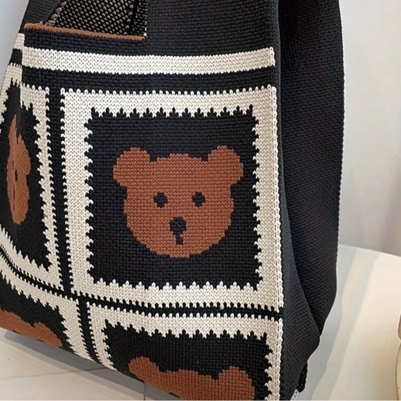 Heavy Woven Knit Bear Pattern Tote Purse Bag Japanese Knot Closure Style - Picture 4 of 4